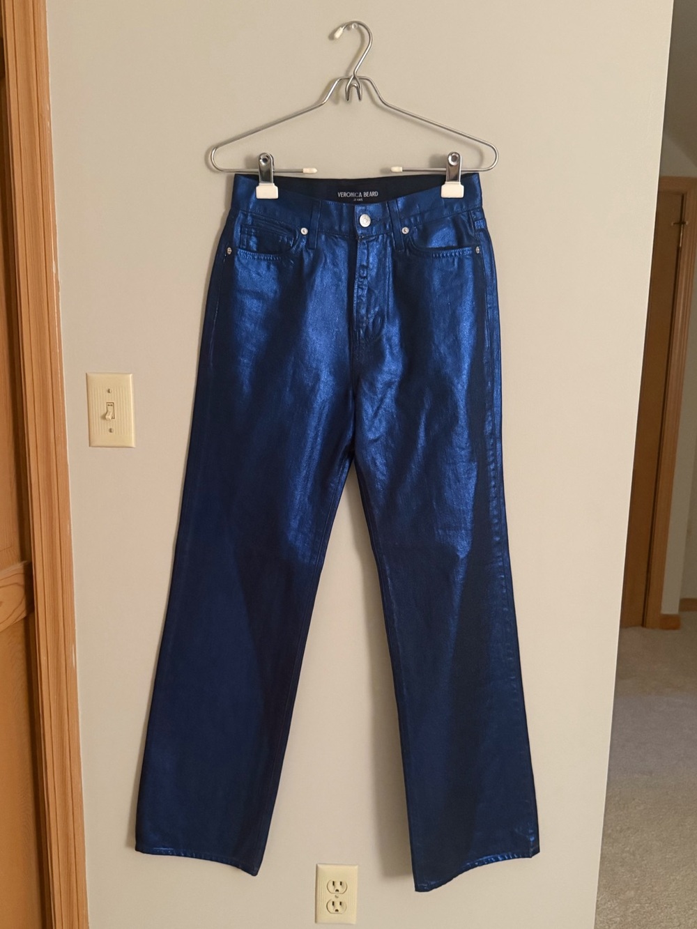 Veronica Beard Dylan High-Rise Straight Leg Metallic Blue Women’s Jeans
